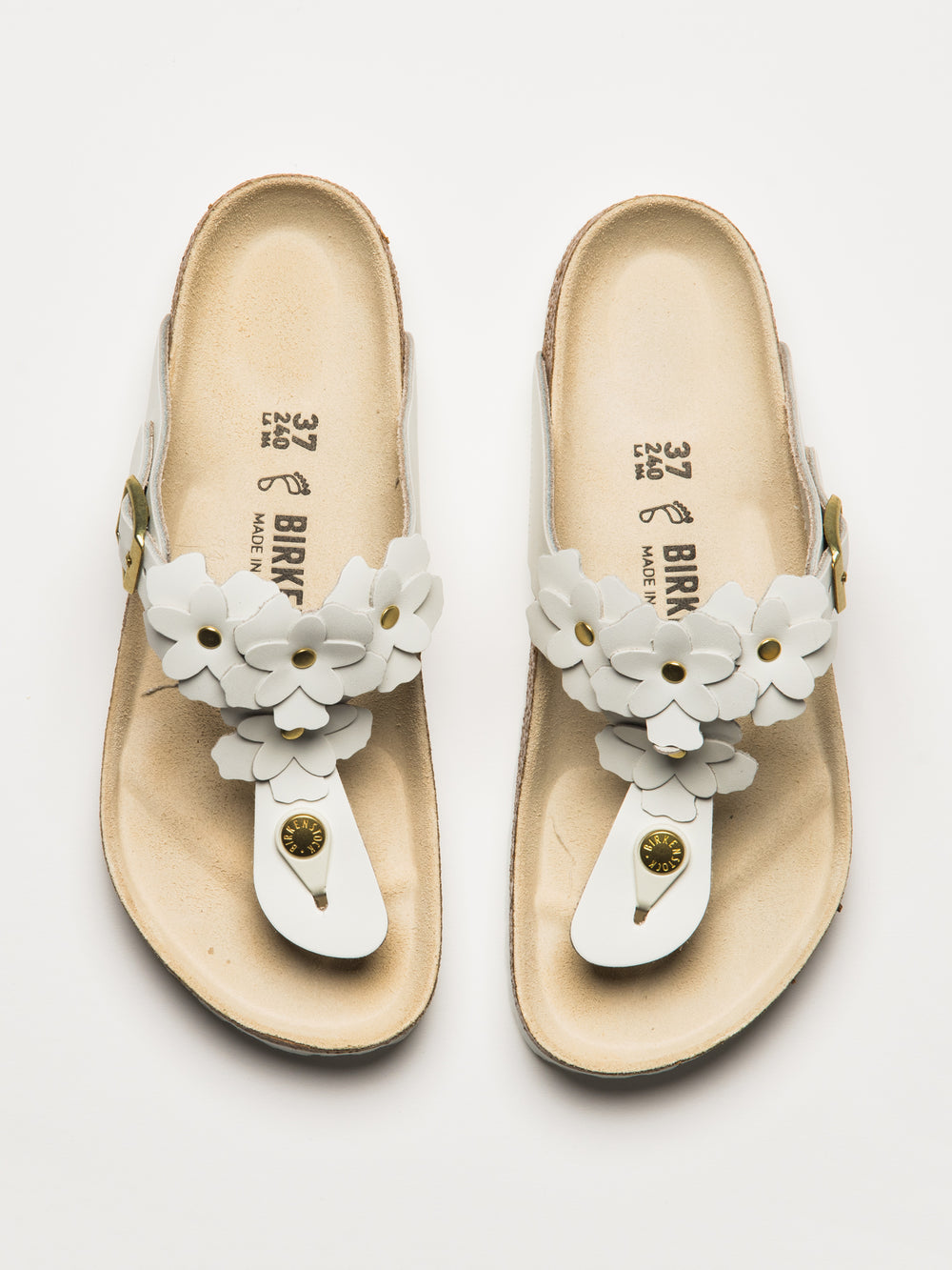 WOMENS BIRKENSTOCK GIZEH FLOWER LEATHER SANDALS - WHITE
