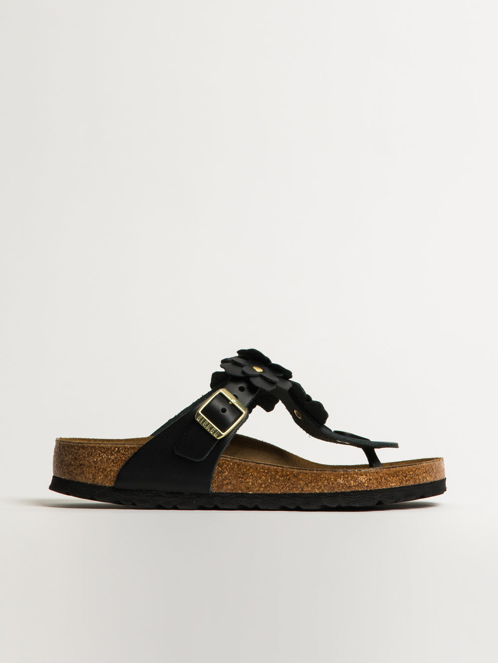 WOMENS BIRKENSTOCK GIZEH FLOWER LEATHER SANDALS - BLACK
