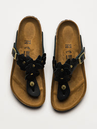 WOMENS BIRKENSTOCK GIZEH FLOWER LEATHER SANDALS - BLACK