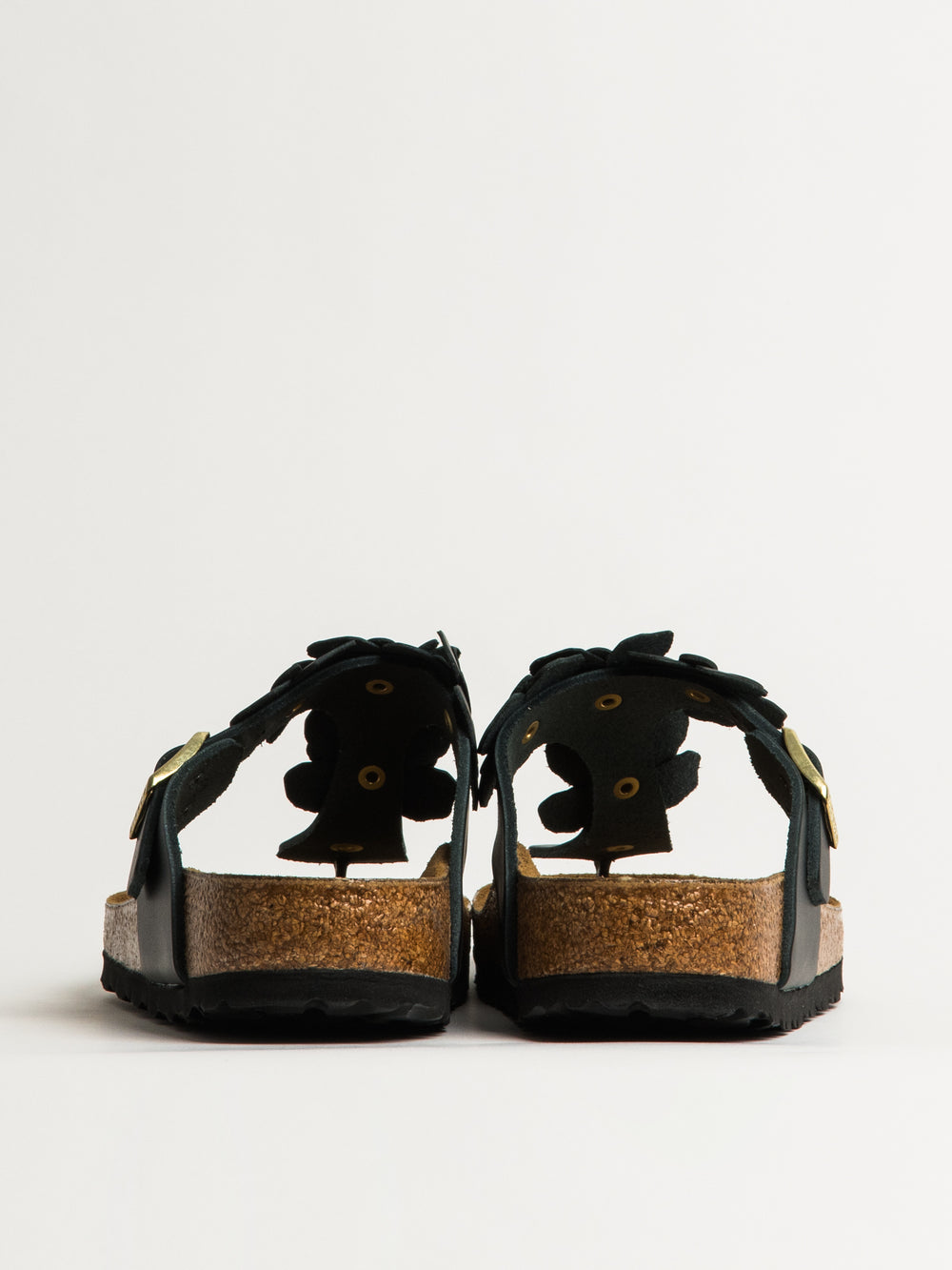 WOMENS BIRKENSTOCK GIZEH FLOWER LEATHER SANDALS - BLACK