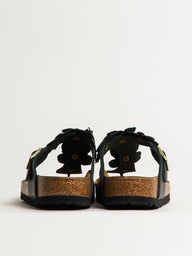 WOMENS BIRKENSTOCK GIZEH FLOWER LEATHER SANDALS - BLACK